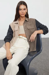 Dark Beige Color Blocked Button-Up Woven Shirt