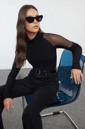 Black Tulle Garni Detailed Fitted Flexible Knitted Blouse