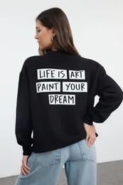 Black Slogan Oversize / Wide Fit Thick Fleece Inside Knitted Sweatshirt