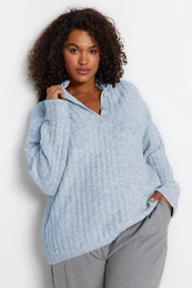 Curve Baby Blue Ribbed Buttoned Knit Sweater