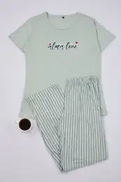 Mint Slogan Printed Striped Knitted Pajama Set