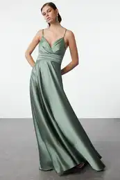 Mint A-Line Satin Woven Long Elegant Evening & Graduation Dress