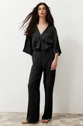 Black Elastic Waist Textured Fabric Woven Trousers