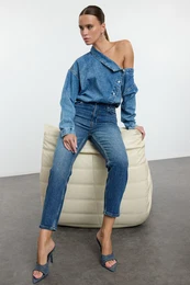 Dark Blue High Waist Slim Mom Jeans