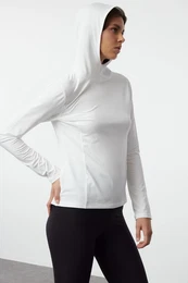 White Micro Reflective Print Detailed Hooded Knitted Sports Top/Blouse