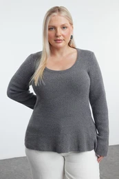 Curve Anthracite U Neck Flounce Hem Knitwear Sweater