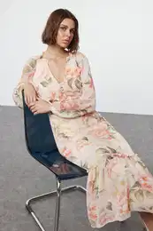 Powder Belted Floral Midi Skirt Flounce Lined Woven Dress