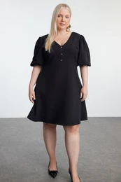 Curve Black V-Neck Balloon Sleeve Mini A-Line Woven Plus Size Dress