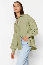 Khaki Embroidered Cotton Woven Shirt