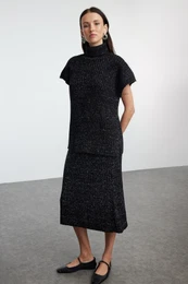 Black Wide Pattern Glittery Knitwear Bottom-Top Set