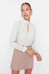 Ecru High Collar Woven Blouse