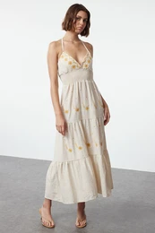 Stone Floral Embroidered Midi Woven Dress