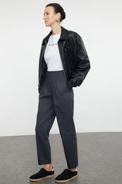 Anthracite Cotton Carrot Pattern Stripe Detailed Woven Trousers