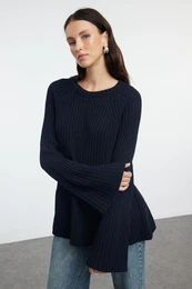 Navy Blue More Sustainable Wide Pattern Peplum Detailed Knitwear Sweater