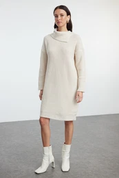 Stone Mini Knitwear Soft Texture Turn-down Collar Dress