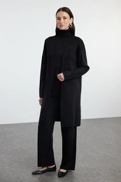 Black Long Blouse-Cardigan-Pants Triple Knitwear Bottom-Top Set