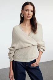 Stone Double Breasted Lace Garnished Knitwear Sweater
