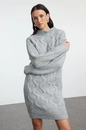 Gray Mini Knitwear Soft Textured Hair Knit Dress