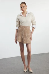 Camel Flounce Tweed Fabric Mini Woven Skirt