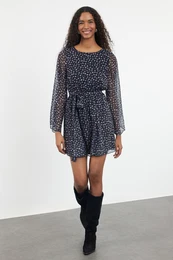 Black Polka Dot Patterned Skirt Opening at Waist Mini Lined Woven Chiffon Winter Dress