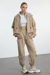 Mink Soft Textured Cotton Gabardine Belted Cargo Woven Trousers