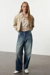Blue Faded Effect Vintage High Waist Mega Baggy Barrel Jeans