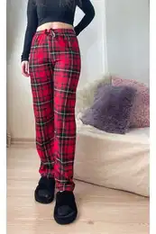 17947 Plaid Checkered Cotton Velvet Pyjama Bottoms-RED-BLACK