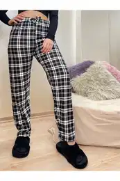 17947 Plaid Checkered Cotton Velvet Pyjama Bottoms-BLACK-WHITE