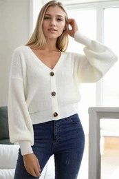 23325 3 Button V-Neck Women Cardigan-WHITE