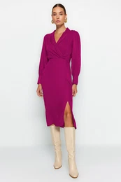 Fuchsia Double-breasted Slit Detailed Midi Woven Dress