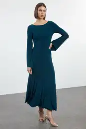 Emerald Green Straight Boat Neck Fitted Skirt Flounce Maxi Flexible Knitted Dress