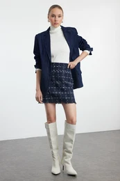 Navy Blue Plaid Tweed Fabric Mini Woven Skirt
