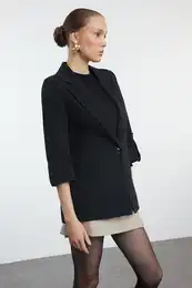 Black Arms Woven Blazer Jacket with Folded Epaulets