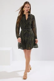 Multicolored Belted Animal Patterned Waist Opening Lined Mini Chiffon Woven Dress