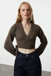 Brown Soft Tie Detailed Long Sleeve Knitted Blouse