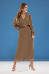Dark Mink Belted A-Line Pleated Maxi Lined Chiffon Woven Dress