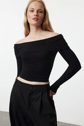 Black Carmen Collar Crop/Short Stretchy Knitted Blouse