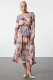 Brown Abstract Pattern Belted A-Line Double Breasted Collar Lined Chiffon Maxi Woven Dress