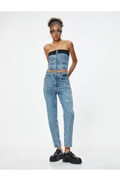 Ripped Denim Trousers Standard Waist Chain Detailed Pocket Cotton - Mom Jean
