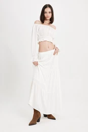 A-Line High Waist Cotton Lined Crinkle Viscose Kilos Maxi White Skirt