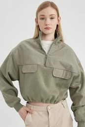 Cool Zipper Collar Crop Thick Sweatshirt