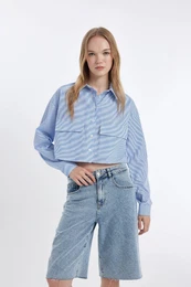 Cool Crop Striped Pocket Poplin Long Sleeve Shirt