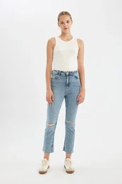 Mary Washed Jeans Straight Leg Ripped Detail High Waist Leg Cut Ankle Length