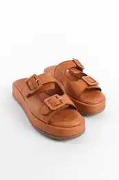 Straw Genuine Leather Buckle Women's Slippers