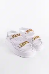 Women's Sandals with Wedge Heels, Double Straps and Metal Accessories