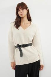 Stone Wide Pattern Belted Soft Texture Knitwear Sweater