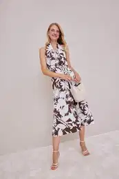Patterned Linen Blend Sleeveless Midi Dress