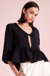Regular Fit V Neck Modal Front Tie Long Sleeve Blouse