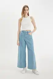 Short Wide Leg High Waist Ankle Length Jean Washed Trousers