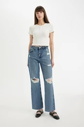 90's Wide Leg Ripped Detailed High Waist Long Jean Trousers